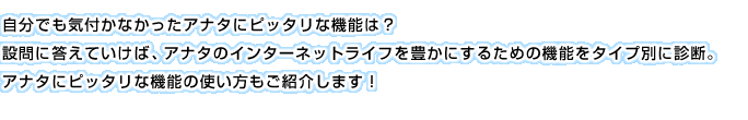 自分でも気付かなかったアナタにピッタリな機能は？設問に答えていけば、アナタのインターネットライフを豊かにするための機能をタイプ別に診断。アナタにピッタリな機能の使い方もご紹介します！