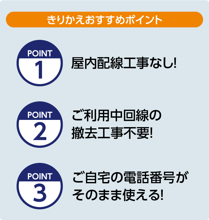 きりかえおすすめポイント：屋内配線工事なし！ご利用中回線の撤去工事不要！ご自宅の電話番号がそのまま使える！