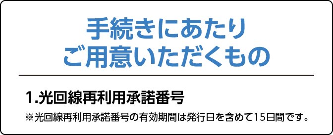 手続きにあたりご用意いただくもの1.光回線再利用承諾番号　※光回線再利用承諾番号の有効期間は発効日を含めて15日間です。