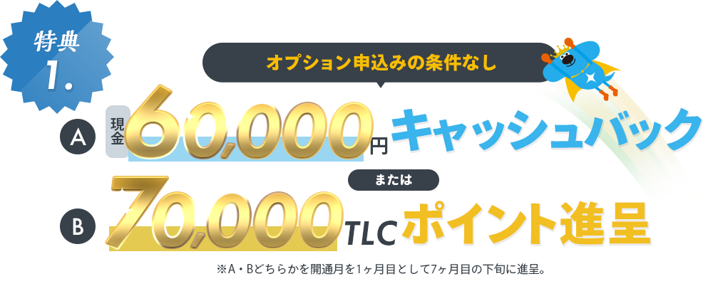 特典1：オプション申込みの条件なし！現金60,000円キャッシュバックまたは70,000TLCポイント進呈！