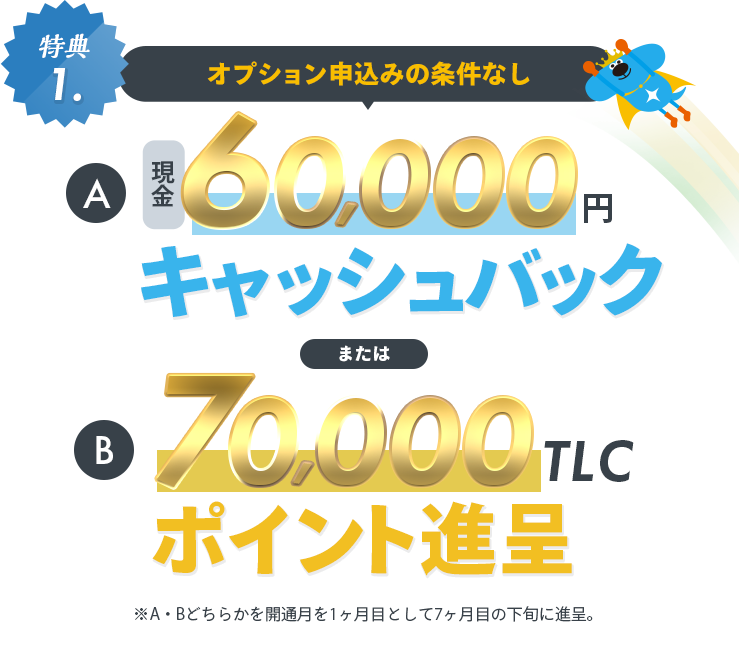 特典1：オプション申込みの条件なし！現金60,000円キャッシュバックまたは70,000TLCポイント進呈！